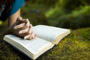 Clasped hands resting on an open book placed outdoors on a mossy surface.