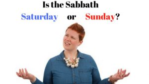 Person with outstretched arms wearing a blue shirt and pearl necklace, with text asking whether the Sabbath is Saturday (in blue) or Sunday (in red)."