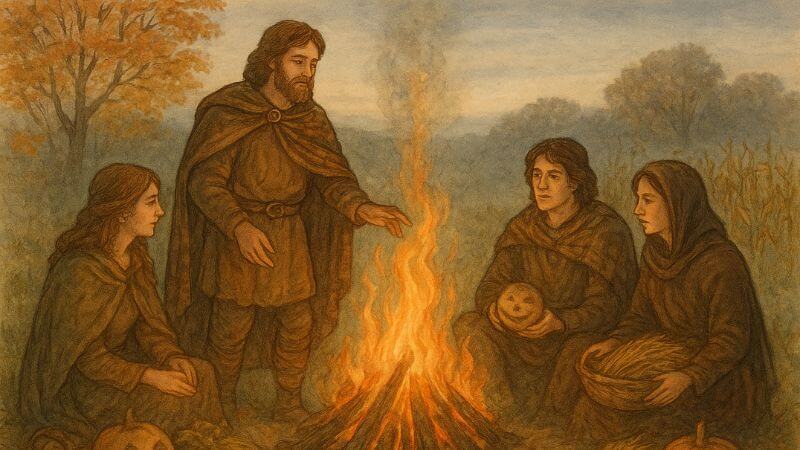 An illustration of ancient Celts celebrating the Samhain festival with a bonfire, crops, and carved turnips during autumn, representing the historical origin of Halloween.