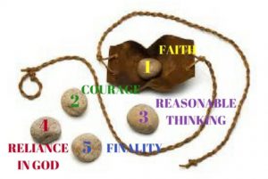 Illustration of David’s sling and five labeled stones symbolizing faith, courage, reasoning, reliance on God, and finality.