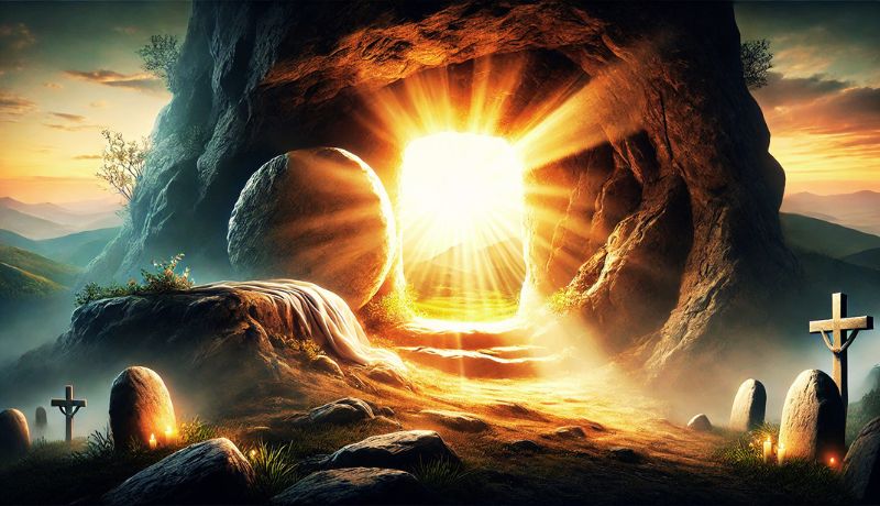 A breathtaking depiction of an empty tomb with radiant light shining out, symbolizing Christ’s victory over death - Rresurrection