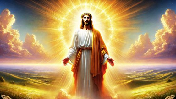 Jesus standing with light radiating from Him, signifying the fullness of the Godhead in bodily form. 