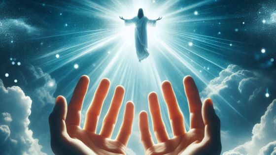 Hands reaching toward the heavens with light shining down, symbolizing Jesus’ unity with the Father. 