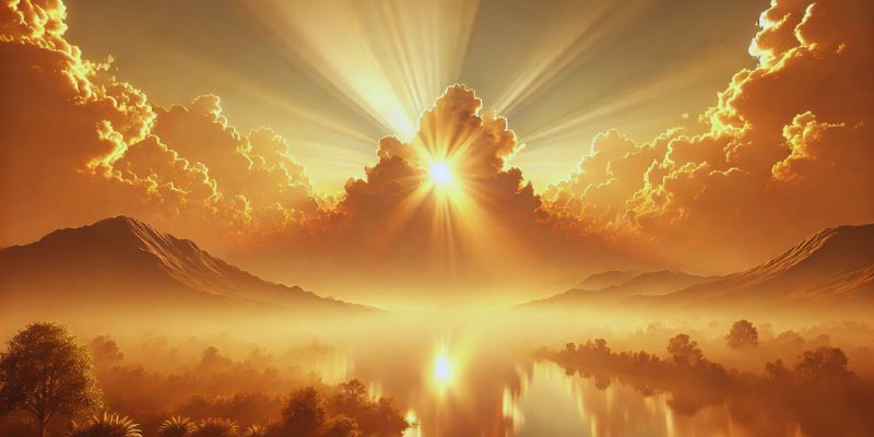 Sunrise over a tranquil landscape with golden rays breaking through clouds, symbolizing divine grace and new beginnings.