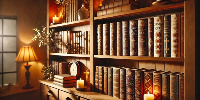 A beautifully arranged bookshelf filled with classic Christian books, illuminated by warm lighting.