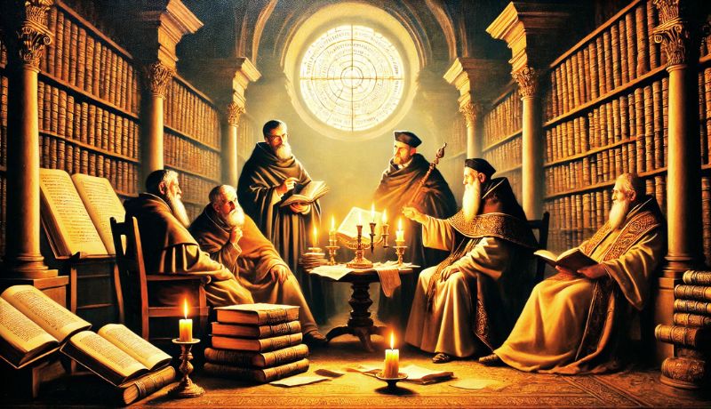 Early church theologians discussing systematic theology in an ancient library with parchment manuscripts and candlelight.