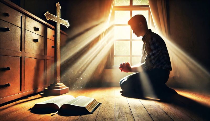 Person kneeling in prayer beside an open Bible with sunlight streaming through a window. 