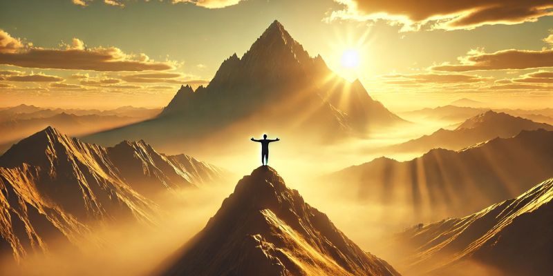 Person standing on a mountain peak at sunrise, arms open, symbolizing spiritual surrender.