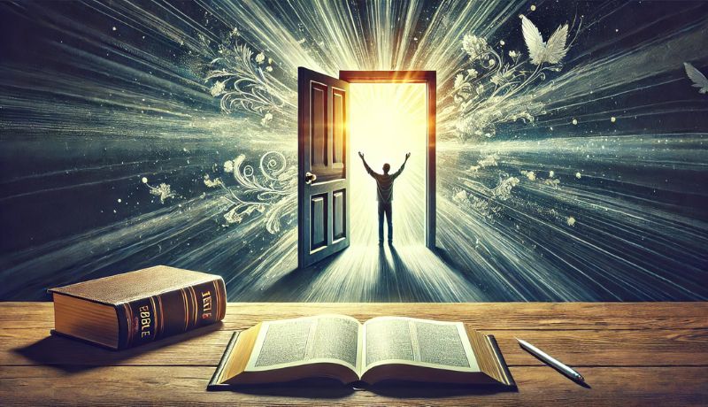 An artistic representation of salvation, featuring a bright light shining through an open door with a person standing in gratitude.