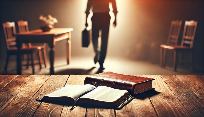 A wooden table with an open Bible, slightly dusty, as a person walks away in the background, blurred. The scene symbolizes distraction and neglect of God's Word. Warm, moody lighting creates a sense of spiritual urgency.