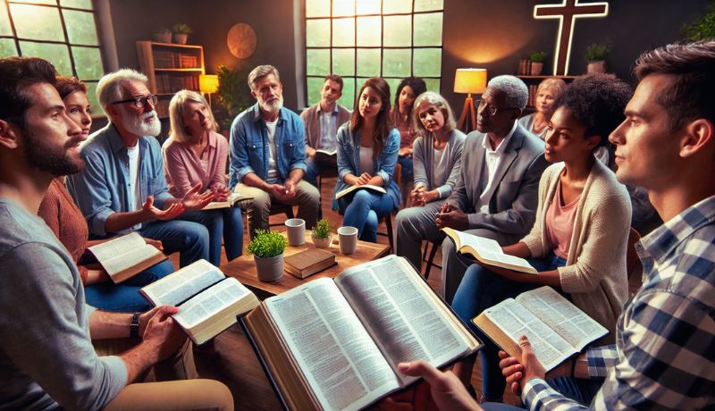 A diverse group of Christians engaged in a Bible study session, discussing doctrine with open Bibles and theological notes.