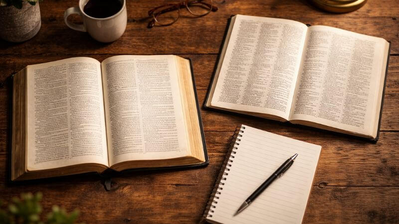 Open Bible with a concordance and notebook for deeper Bible study on a warm wooden desk.