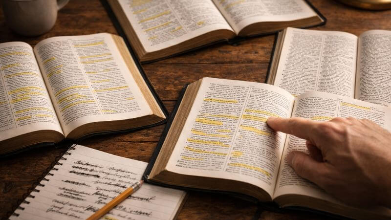 Bible study desk showing crossed-out notes and multiple open Bibles, highlighting common mistakes when using a concordance. 