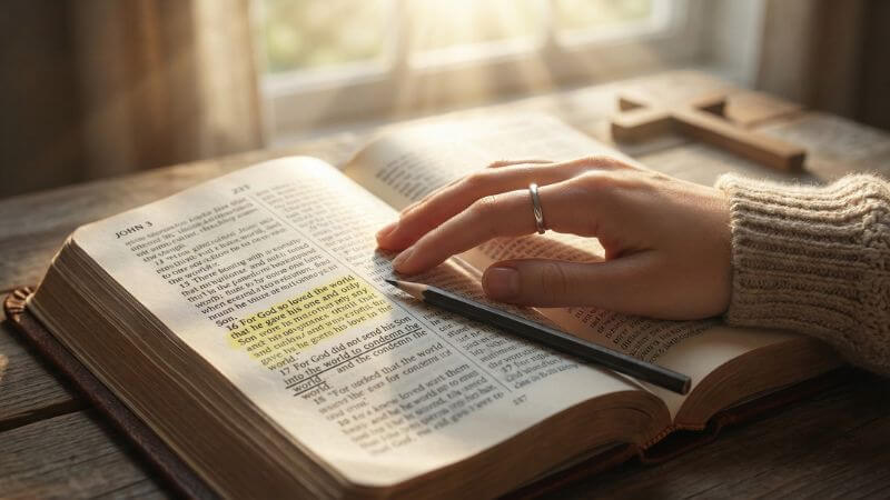 Hand holding open Bible with highlighted verses, sunlight illuminating pages, symbolizing spiritual growth.