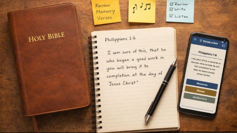 Bible, notebook, pen, and smartphone on desk showing Bible memorization app, representing memorization techniques.
